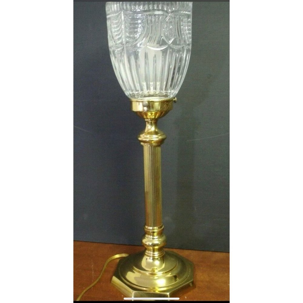 Vtg torchiere Hurricane Brass & Crystal Table buffet mantel Lamp electric 16”